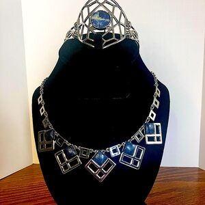 Lapis Lazuli Blue and Silver Geometric Necklace & Bracelet set  WH/BM.